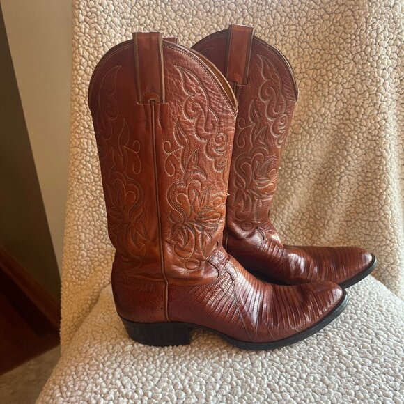 Men's Justin Western Cognac Lizard Cowboy Boots, Size 10 - Picture 1 of 11